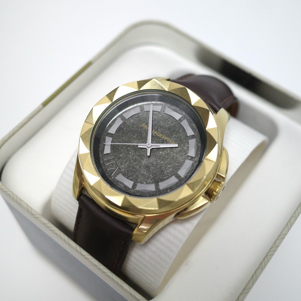 Karl Lagerfeld KL1038 Unisex Brown Leather Gold Bezel Men's Watch